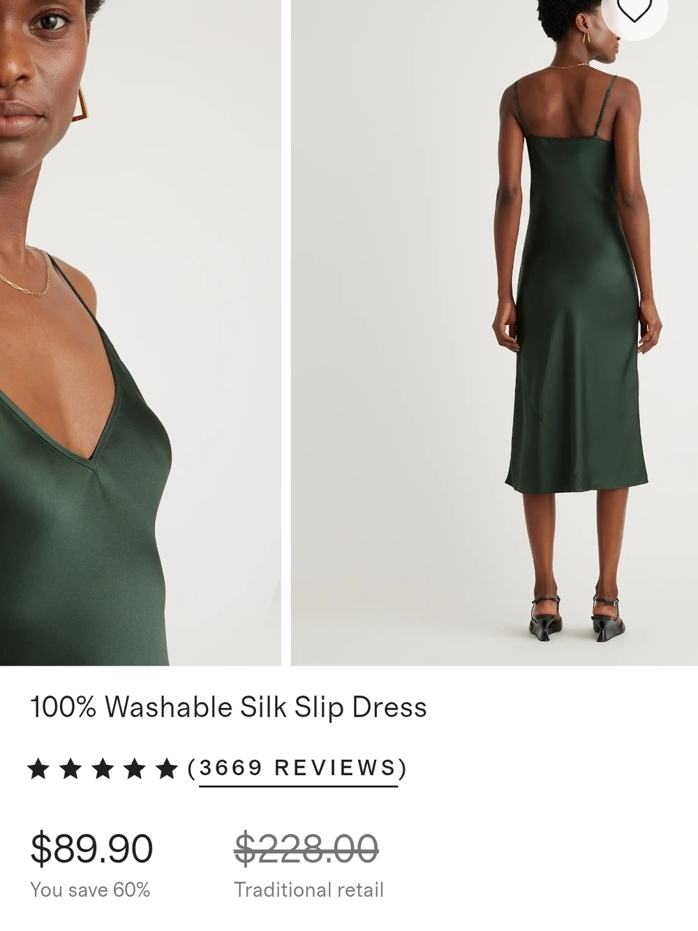 Quince NWOT 100% Washable Silk Slip Dress - Dark Green - Picture 3 of 12